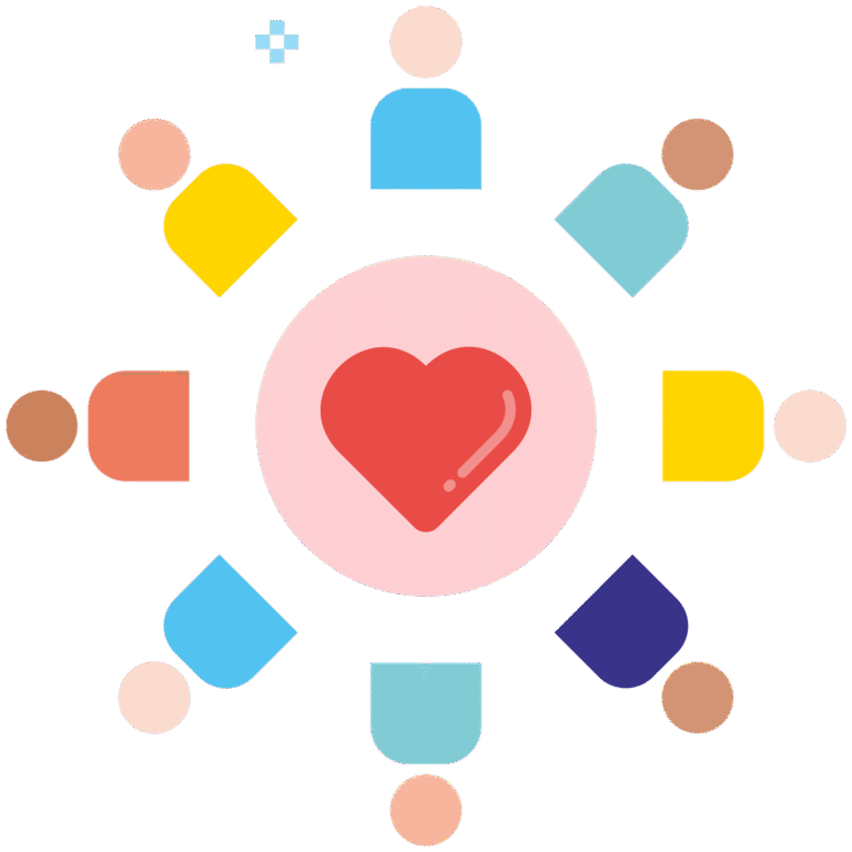 Icon showing people surrounding a central heart shape