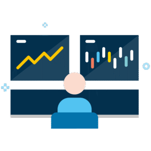 Icon of a person sat at screens showing charts and graphs.