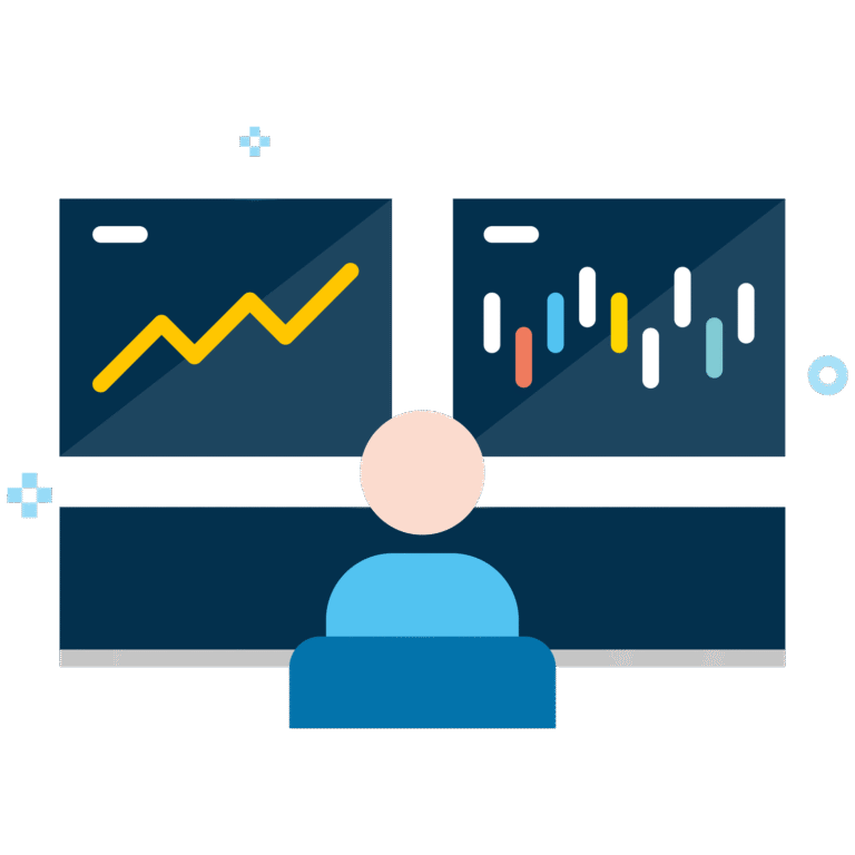 Icon of a person sat at screens showing charts and graphs.