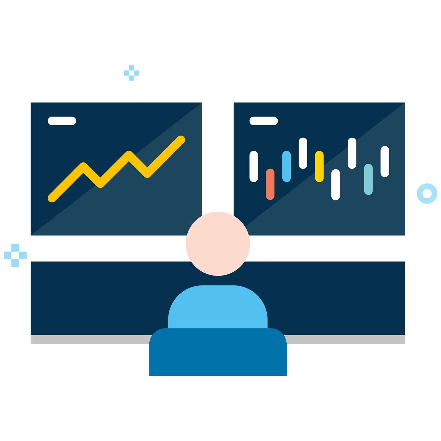 Icon of a person sat at screens showing charts and graphs.